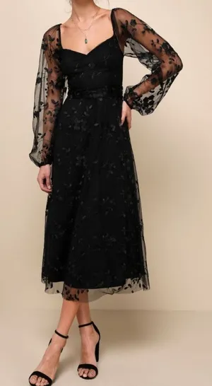 NEW Lulus Darling Charisma Black Mesh Embroidered Balloon Sleeves Midi Dress XS thumbnail 1