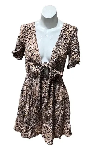 By Together Mini Dress Womens M Beige Leopard Print Tie-Front V-Neck thumbnail 1