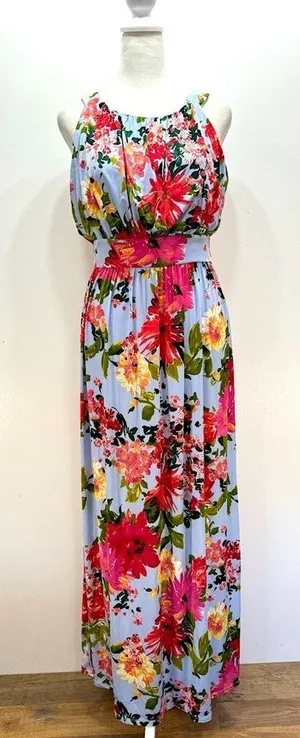 Tropical Floral Print Halter Maxi Dress Baby Blue Gilli ModCloth Vacation Party thumbnail 1