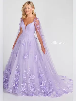 Ellie Wilde Lilac Embroidered Lace‎ Organza Sparkly Prom Dress w/Cape Sleeves 6 thumbnail 1