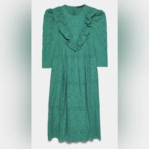ZARA Broderie‎ Anglaise Cutwork Embroidered Eyelet Ruffle Midi Dress Green Sz XS thumbnail 12
