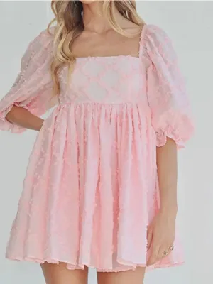 Mable Ribbon Textured Puff Sleeve Babydoll Mini Dress In Baby Pink‎ Size M thumbnail 1