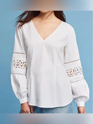 Maeve Anthropologie White Cotton Lace Cutout Sleeve V Neck Blouse Size 6‎ thumbnail 8