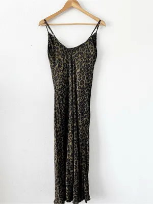 Zara Olive Green Leopard Print Satin Cowl Neck Slip Midi Dress thumbnail 8