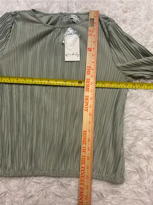 Wonderly Elbow Sleeve Plisse Bubble Top moss light green blouse woman’s S small thumbnail 7