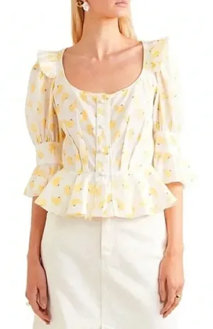 ANNA MASON Rosi Blouse White & Yellow Banana Ruffle‎ Button Down Medium thumbnail 1
