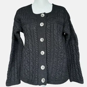 Aran Crafts 100% Merino Wool Cable‎ Knit Cardigan Black Button Up Cardigan Sz M thumbnail 2
