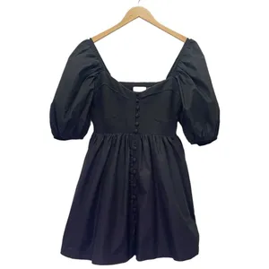 Anthropologie Maeve Puff-Sleeved Cotton Sweetheart Mini Dress Black Size Medium thumbnail 2