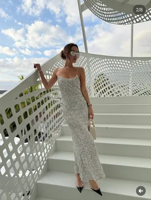 Zara Silver Sequin Spaghetti Strap maxi Dress evening party holiday thumbnail 7