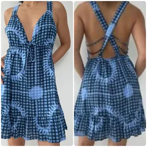 Urban Outfitters Blue Gingham Sunburst Lace Up Mini Dress Medium Summer thumbnail 2