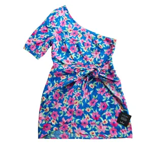 Lulus NWT One Shoulder Floral Mini Dress Blue Pink Yellow EDX1158 Large thumbnail 2