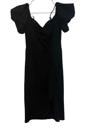 S104 NWOT Elegant Black Puff Sleeve Midi Dress thumbnail 1