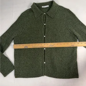 Abercrombie & Fitch Womens Ribbed Polo Cardigan Pearl Button Green Wool Blend L thumbnail 9