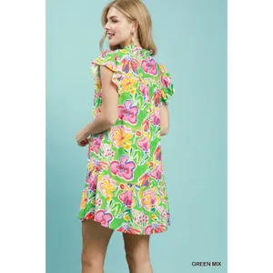 Umgee Floral Ruffle Mini Dress - Green Mix - Small thumbnail 3
