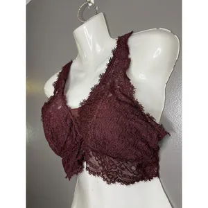 Aerie Bralette Bra Womens Large Red Lace Wireless Sheer Longline Unlined thumbnail 3