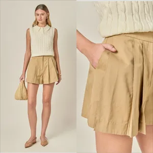 English Factory Tuck Detailed Shorts Size Medium Beige High Waist Pleated thumbnail 2