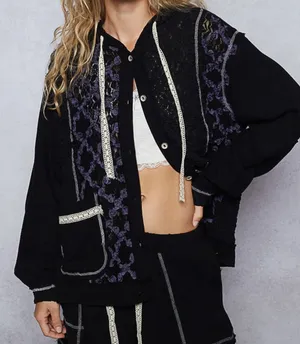 POL Black Lace Mixed Media Utility 2 Piece Matching Set Jacket Pants Small thumbnail 1