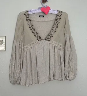 Miss Me Linen Babydoll Lace Embroidered V-Neck Top Flowy Coastal Cowgirl thumbnail 1