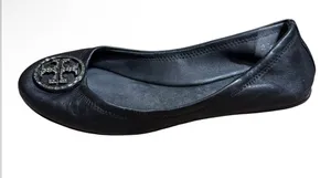 Tory Burch Black Leather Ballet Flats with Crystal Logo Medallion thumbnail 1