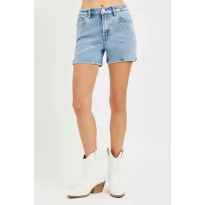 RISEN High Rise Denim Shorts‎ with Embroidered Detail - Medium thumbnail 6