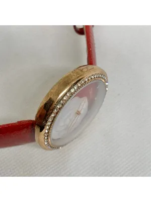 Timeco women’s watch floral dial rose gold tone 40mm red leather band running thumbnail 10