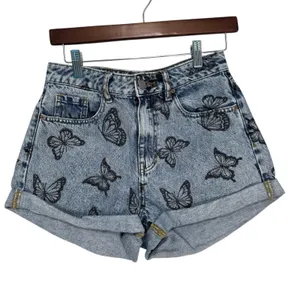 PacSun Womens Butterfly Print Denim Mom Shorts‎ Light Wash Blue Size 27 thumbnail 2