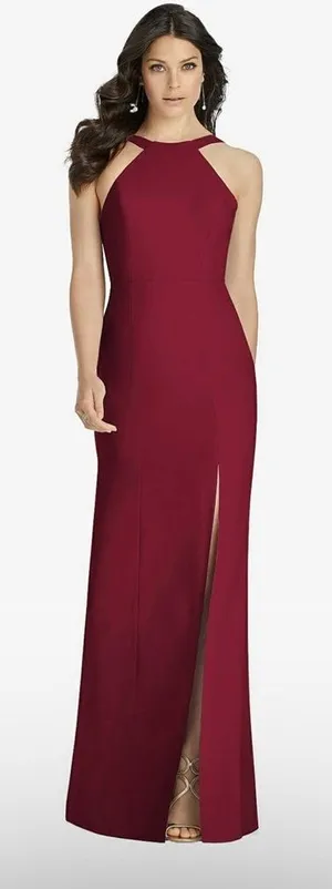 Dessy Collection High-Neck Backless Crepe Trumpet Gown In Burgundy NWT thumbnail 1