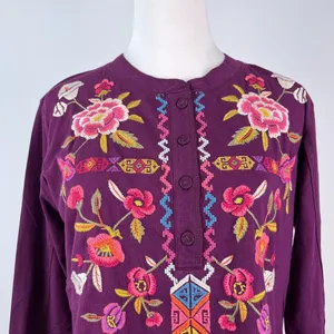 NWOT Johnny Was Anaya Floral-Embroidered Henley Top Tee Long Sleeve T-Shirt M thumbnail 6