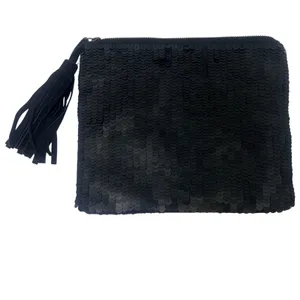 Anthropologie Jasper & Jeera Beaded Sequin Chevron Clutch Bag Black Tassel Glam thumbnail 2
