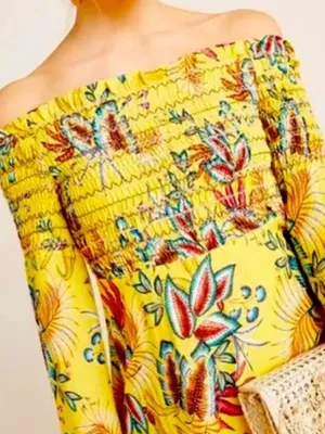 EUC Anthropologie FARM Rio Bria Smocked Yellow Floral Dress Size Small thumbnail 3