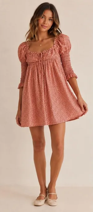 Free People $128 Star Dip Smocked Cotton Mini Dress Retro Boho Oversized XS thumbnail 1