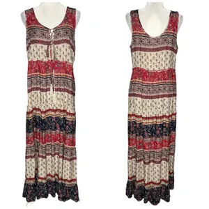 Beach Lunch Lounge Maxi Dress M Tiered Rust Tan Batik Sleeveless Hippie Boho thumbnail 2