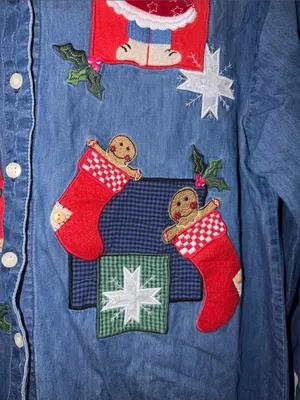 Vintage Embroidered Christmas Denim Shirt Corduroy Collar cottagecore granny 90s thumbnail 2