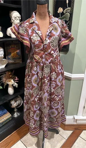 Entro Multi Mixed‑Print Button‑Front Midi Dress – Red Bean – Size M thumbnail 1