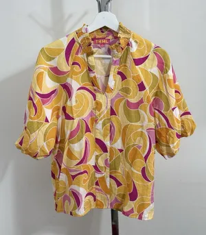 THML Women’s Yellow Pink Abstract Swirl Puff Sleeve V-Neck Blouse Top Size M thumbnail 1