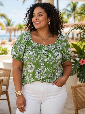 ROSE + OLIVE Green Floral Puff Sleeve Blouse - Size XL thumbnail 1