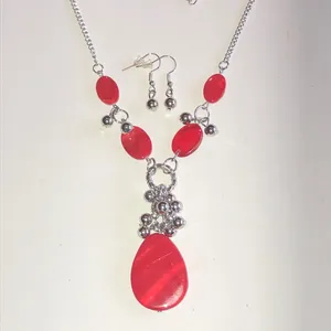 Silver Tone Red Teardrop Pendant Necklace and Earring Set thumbnail 2