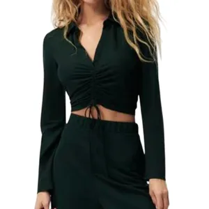 Zara Green Ruched Drawstring Collar Long Sleeve Blouse Size Medium thumbnail 2
