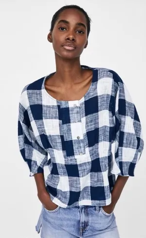Zara Navy & White Check Linen Blouse size medium thumbnail 1