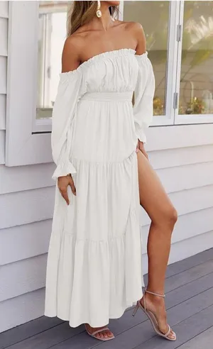 NEW Off Shoulder Long Sleeve Smocked Side Split Flowy Lined Tiered Maxi Dress M thumbnail 8
