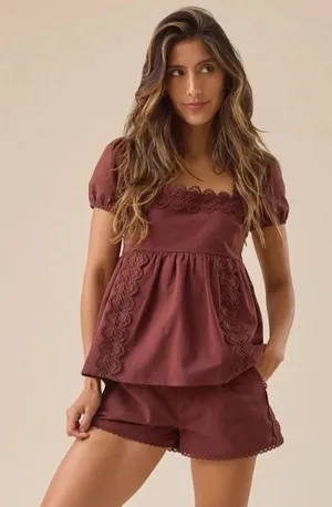 Altar’d State Brown Puff Sleeve Lace Edge Square Neck Babydoll Top thumbnail 1