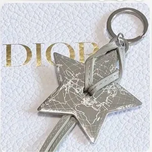 Christian Dior New Silver Star Keychain Bag Charm w/ Logo Gray Leather Tassel thumbnail 2