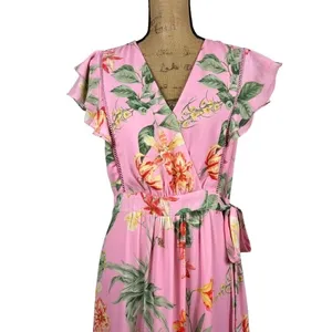 Gibson Latimer Pink Tropical Floral Midi‎ Dress Ruffle Flutter Sleeve Size 6 thumbnail 2