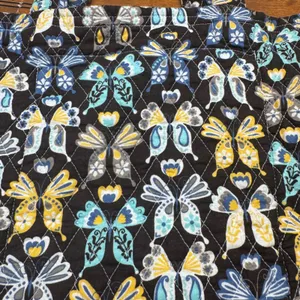 Quilted Butterfly Print Tote Bag Black‎ Blue Yellow Floral Interior Lace Trim thumbnail 2