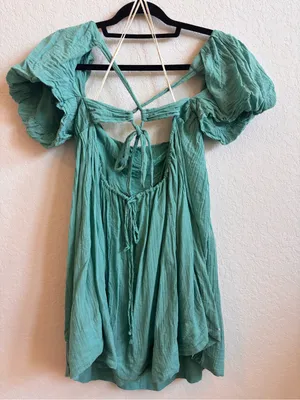 Free People XS Aqua Gauze Puff Sleeve Open Back Mini Dress thumbnail 3