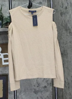 Tommy Hilfiger Womens Metallic Cold Shoulder T-Shirt J2IH6834 Camel Brown L thumbnail 1