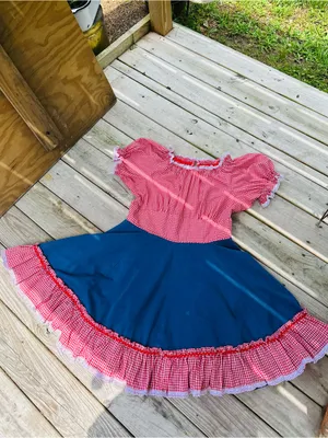 Handmade VINTAGE SQUARE DANCE PRAIRIE DRESS RED GINGHAM CHECKERED w DENIM Size 12/14 thumbnail 5