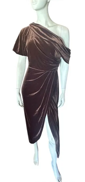 RoseGod Asymmetrical Velvet One Shoulder Midi Dress Brown Size 10 NWT thumbnail 1