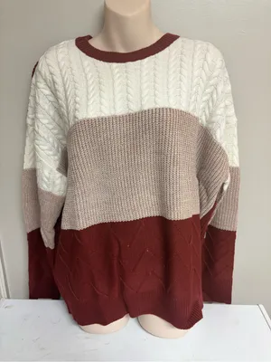 Colorblock Cable-Knit Crewneck Sweater in White, Taupe & Rust thumbnail 1