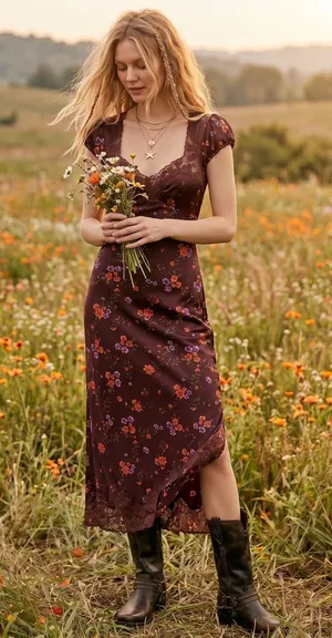 Free People Dainty Lace Retro 90s Butterfly Babe Maxi Dress in Brown Combo XL thumbnail 1